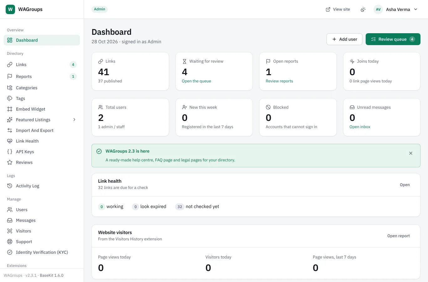 Admin dashboard